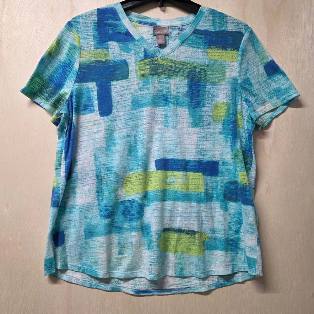 Chico's Abstract Brushstroke V-Neck Top Teal Blue Green Cotton Blend Size 2 L - Picture 2 of 10